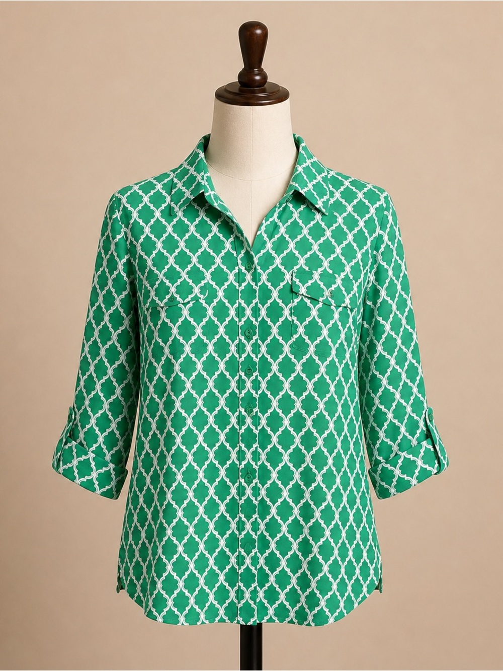 Charter Club Green and White Geometric Button-Down Shirt
